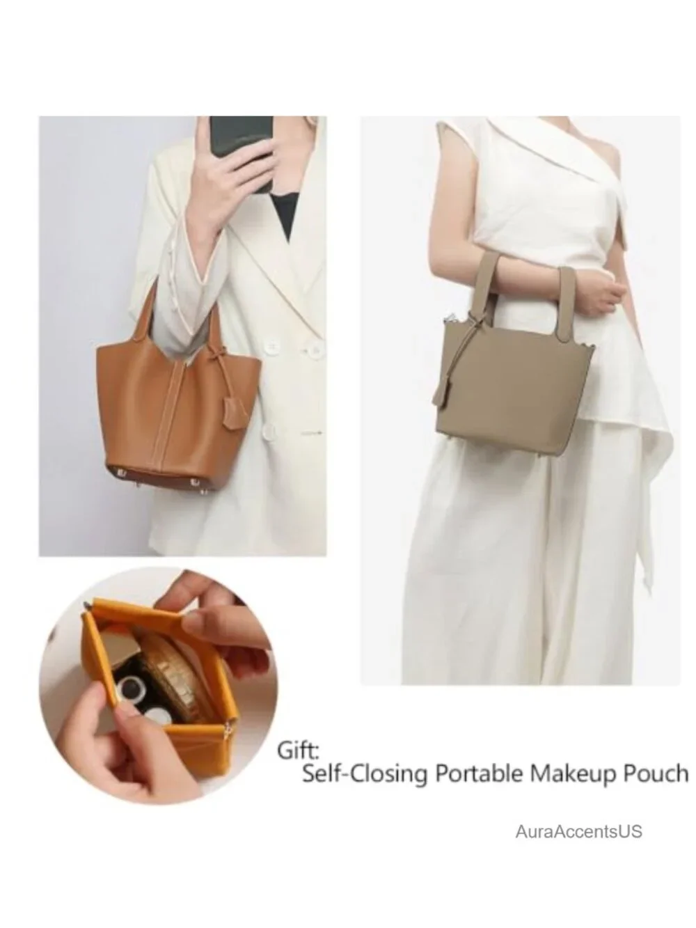 Genuine Leather Bucket Bag with Lock Satchel Handbag